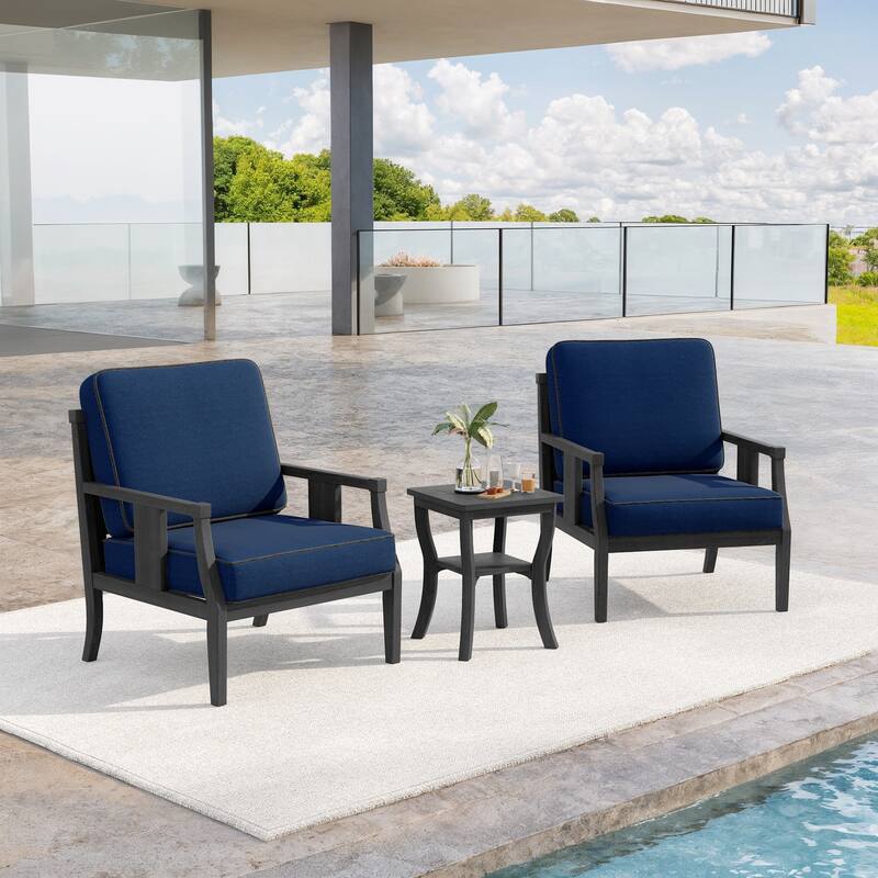 3-Piece Teak Wood Outdoor Armchair Set with Side Table, Cushions, Patio Seating Sets