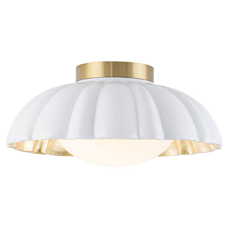 Dome Milky White Shade Flush Mount Ceiling Light with Gold Foil Interior - Dia.13.58-in