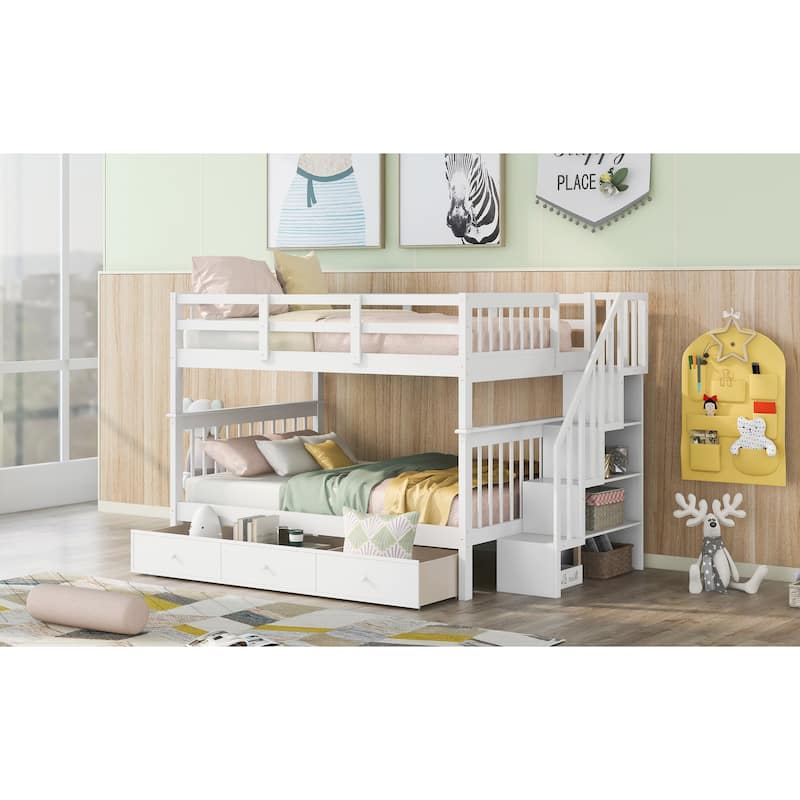 Full-Over-Full Bunk Bed with Drawer, Storage, and Guard Rail, White