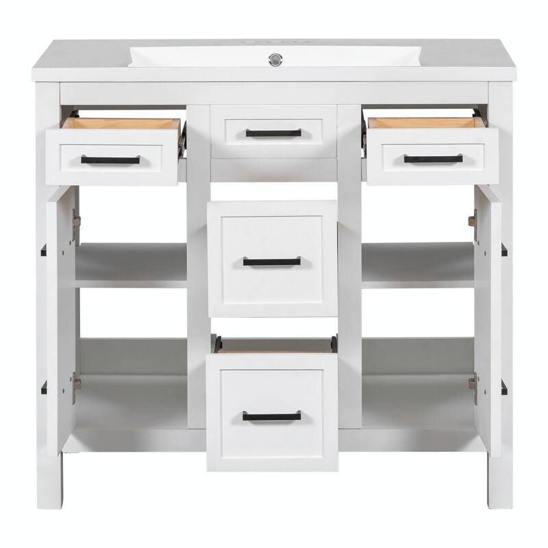 36" Bathroom Vanity with Integrated Resin Sink - 4 Drawers, 2 Doors