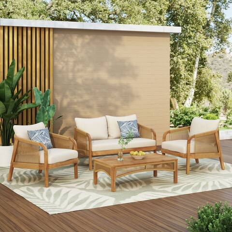 Jabe Outdoor Acacia Wood and Wicker 4 Seater Chat Set by Christopher Knight Home