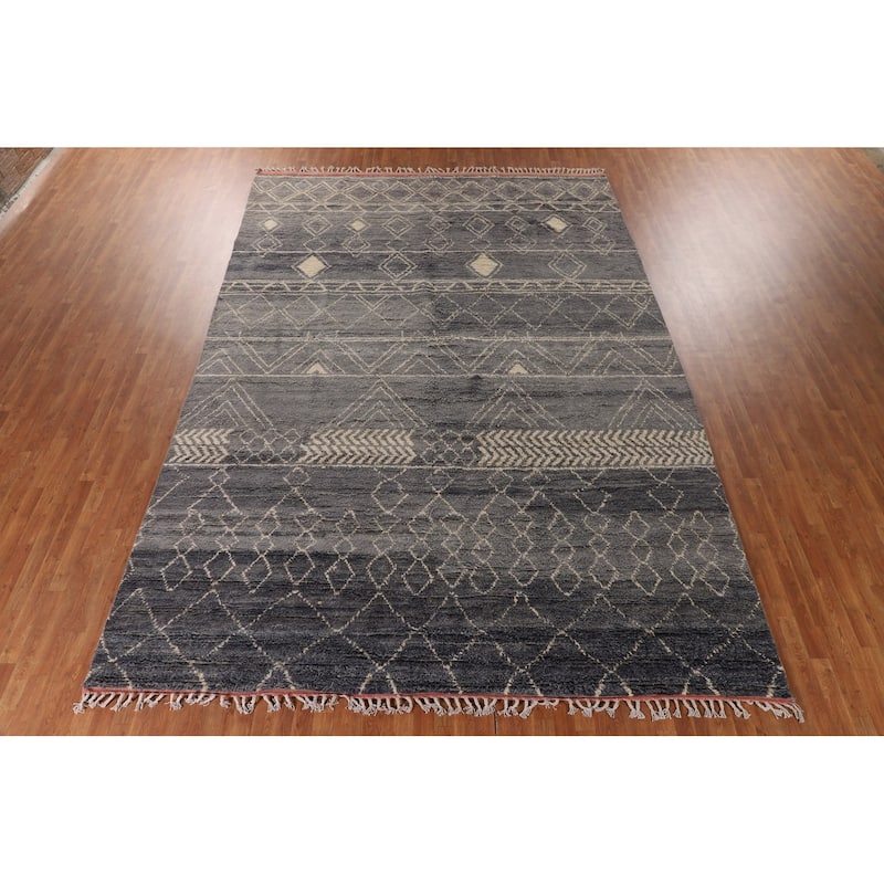 Grey Trellis Moroccan Style Large Rug Hand-Knotted Wool Carpet - 9'11" x 14'7"