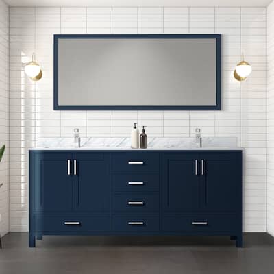 Jacques 72 in. W x 22 in. D Navy Blue Double Bath Vanity, Carrara Marble Top, Faucet Set, and 70 in. Mirror
