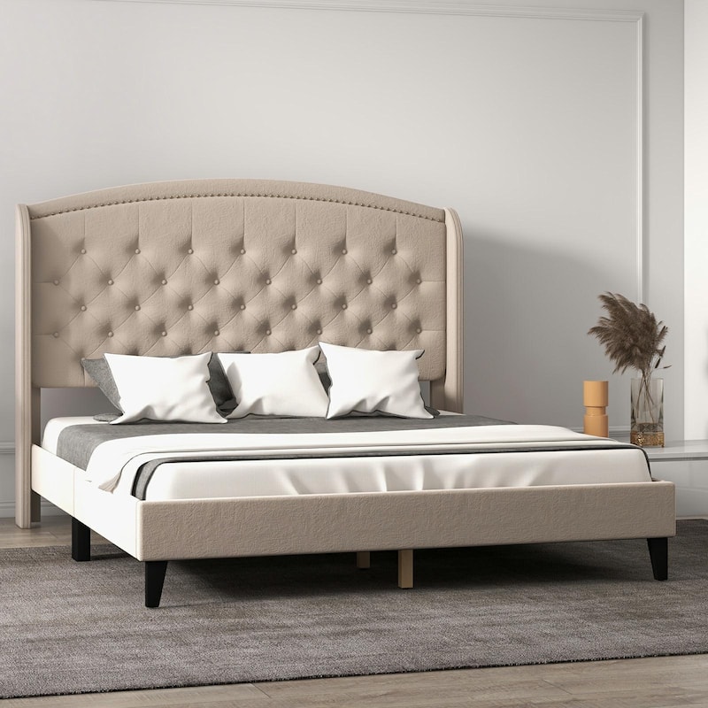 Upholsted Bed Frame with Wingback Headboard, King Size