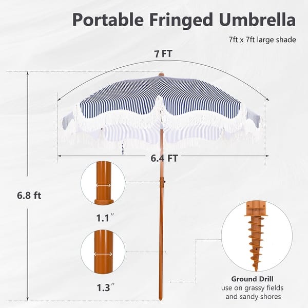 dimension image slide 4 of 5, MAISON ARTS 7ft Patio Fringe Umbrella Outdor Tassel Beach Umbrella with Push Botton Tilt UPF50+