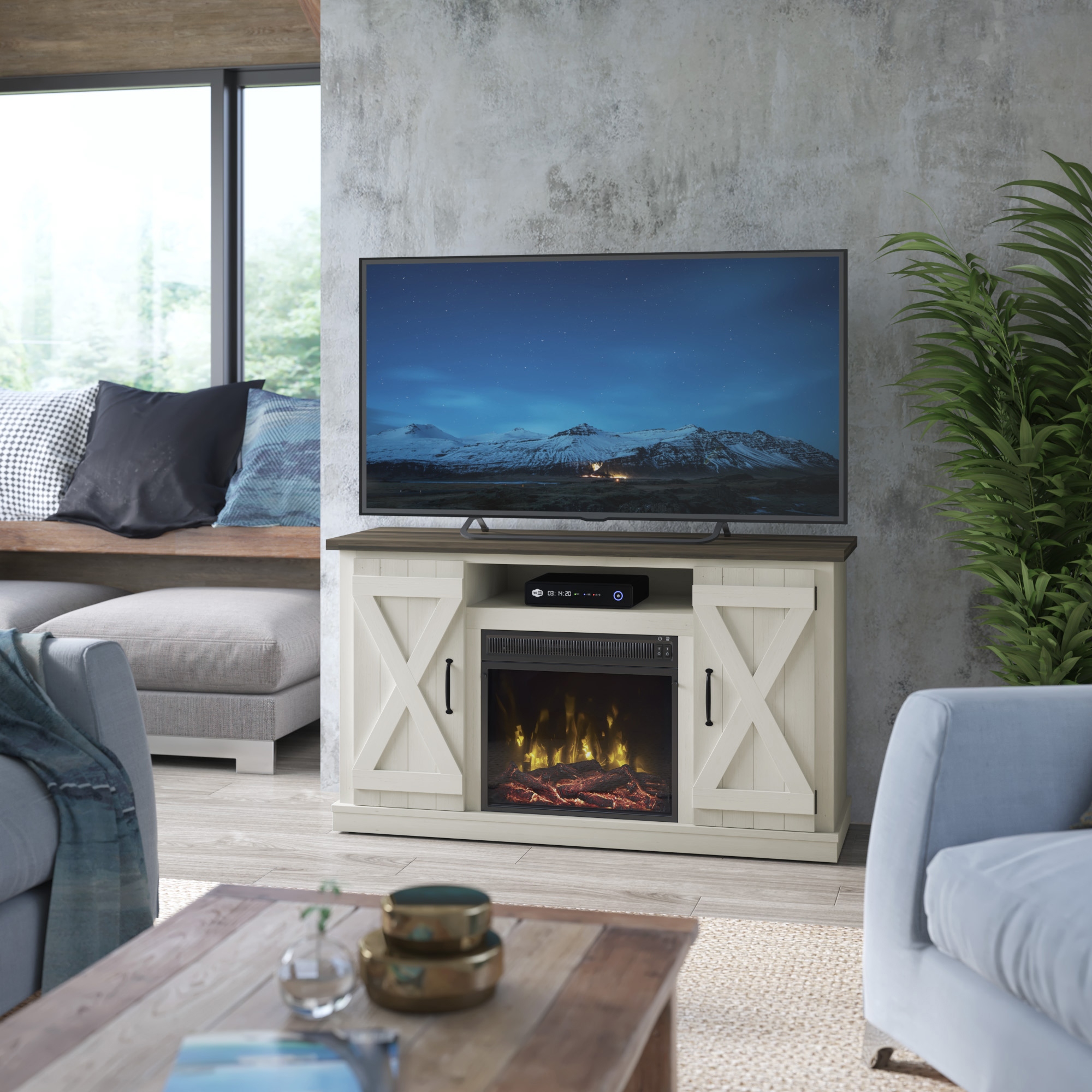Lorraine tv stand for tvs up to 55 with electric outlet fireplace
