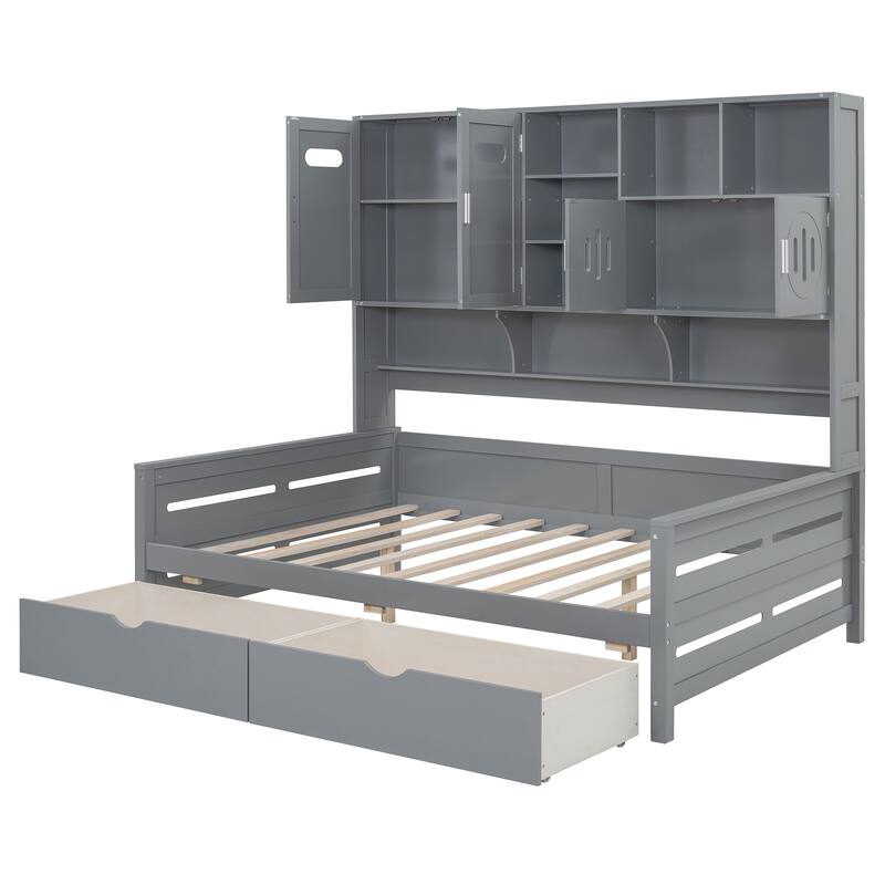 Full Size Storage Daybed with Dual Drawers, Built-in Cabinet & Shelving Unit, Solid Wood Frame