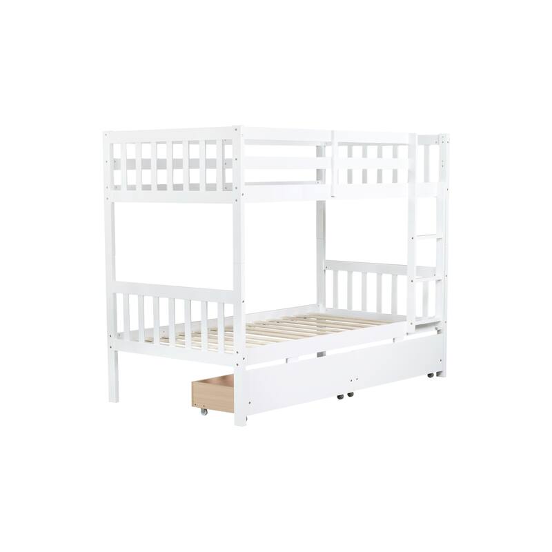 Roomfitters Twin Over Twin Rubber Wood Bunk Bed with Underbed Storage, Convertible to 2 Twin Beds, Ladder & Guardrails