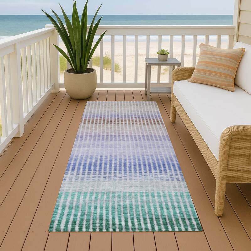 Machine Washable Indoor/ Outdoor Contemporary Stripes Chantille Rug - Green - 2'3" x 7'6"