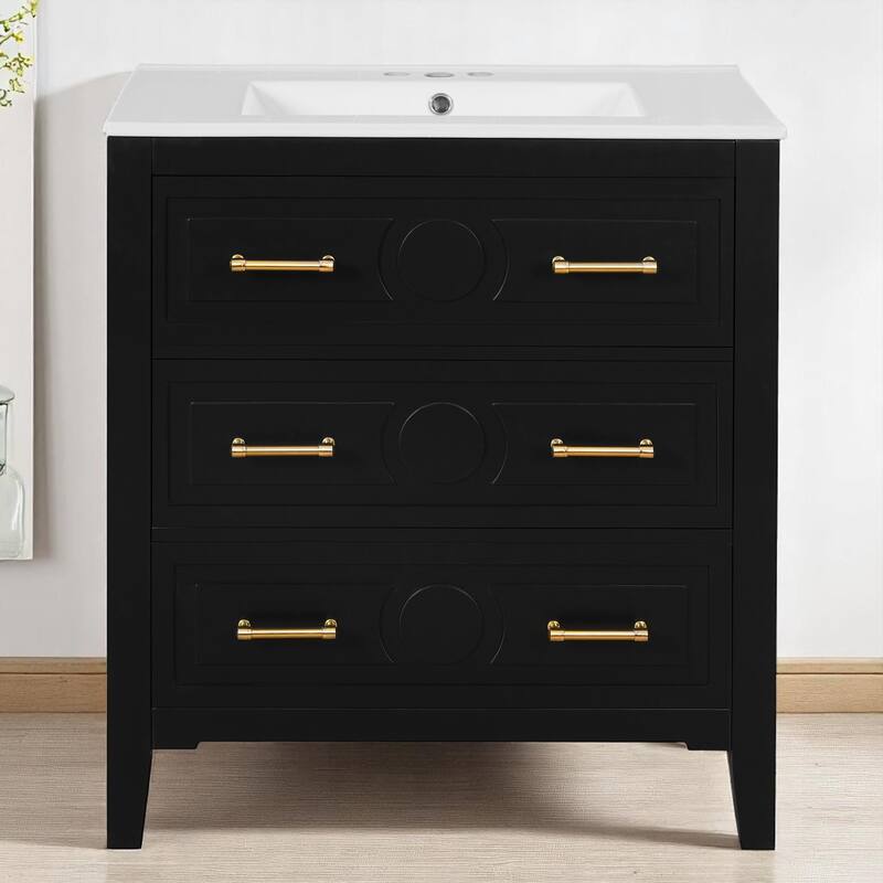 30" Bathroom Vanity with Ceramic Sink, 3 Drawers, Solid Wood Frame,Retro Cabinet, Pre-Drilled for 4" Faucet, Storage Organizer