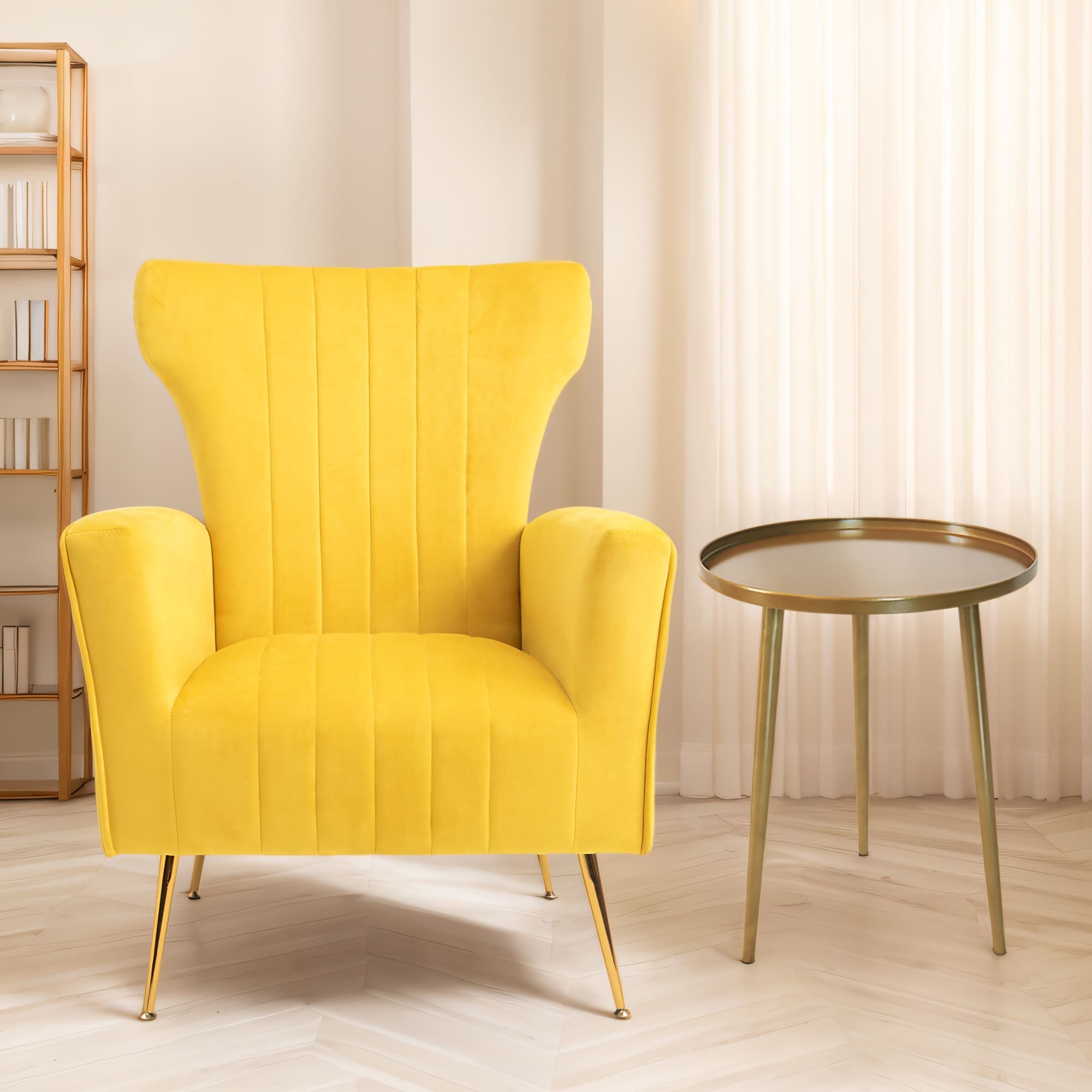 Velvet Accent Chair with table, Wingback Arm Chair with Gold Legs, Upholstered Single Sofa for Living Room Bedroom, White