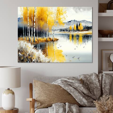 Designart 'Monochrome Golden Birch Trees By The Lake IV' Landscape Canvas Wall Art
