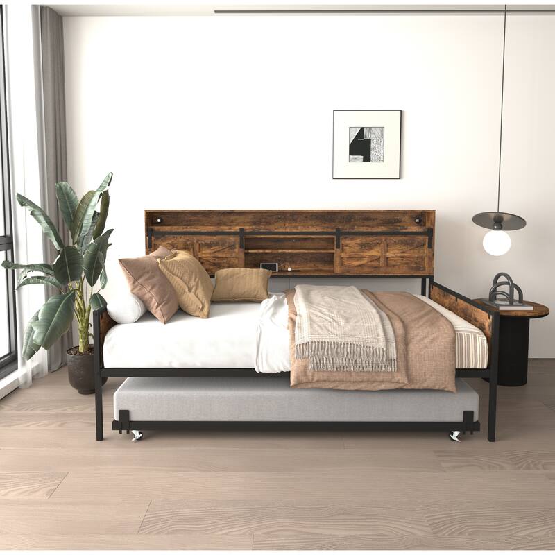 Farmhouse Twin Daybed with Trundle, Heavy Duty Metal Sofa Bed Frame with LED Headboard, Sliding Barn Door and Charging Station