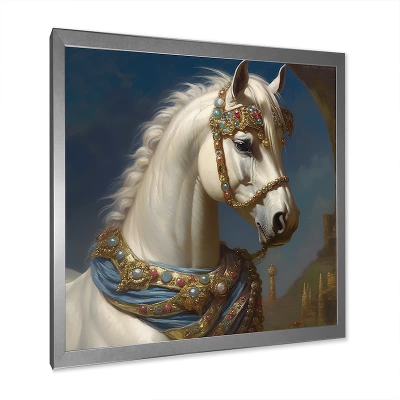Designart "Portrait Of Majestic White Horse" Animals Horse Framed Wall Art Living Room