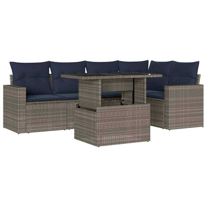 vidaXL 6 Piece Patio Sofa Set with Cushions Black/Brown/Gray Poly Rattan