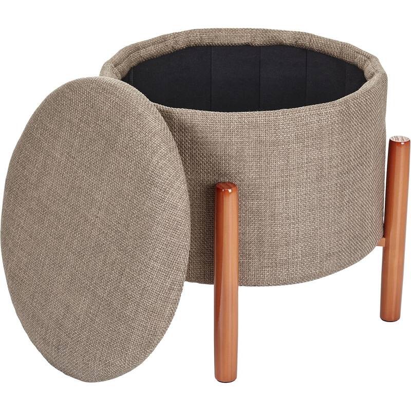 Modern Linen Ottoman with Pine Legs and Hidden Storage Flip Tray