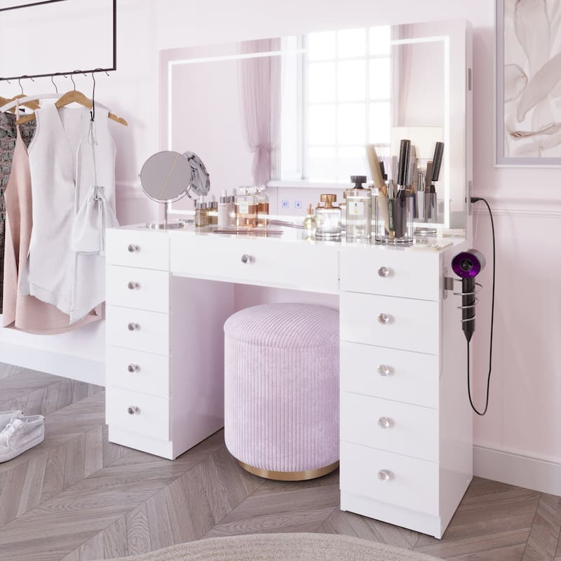 Boahaus Premium Makeup Vanity Desk Full-Width LED Mirror, Bluetooth Speakers 11 Drawers - White
