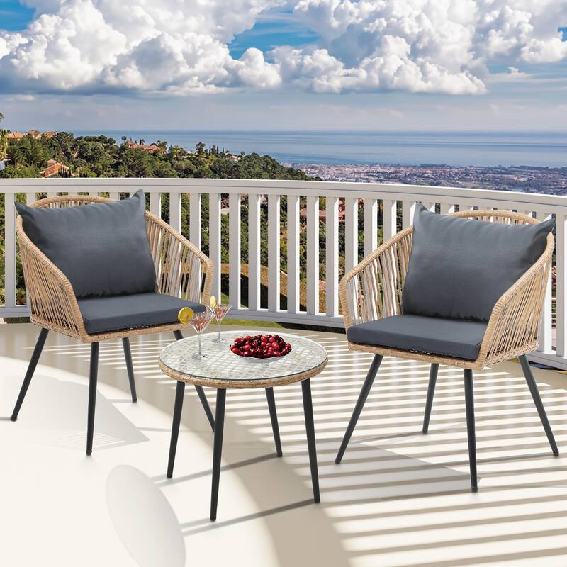 Moasis 3-Piece All-Weather Rattan Conversation Chairs for Backyard - 3PCS - Grey