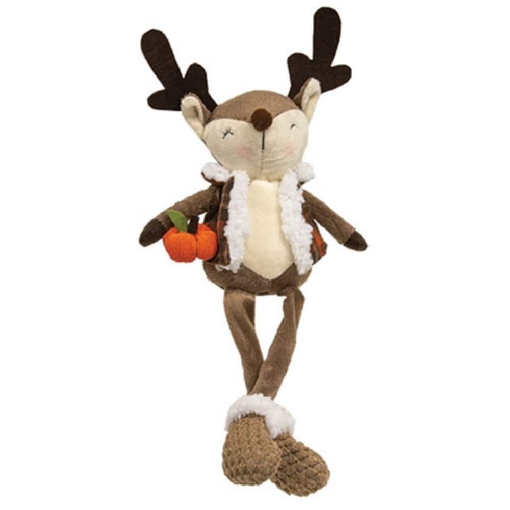 Fall Deer Plush Figure with Plaid Jacket and Pumpkin Decor - 5” x 3” x 14.50”