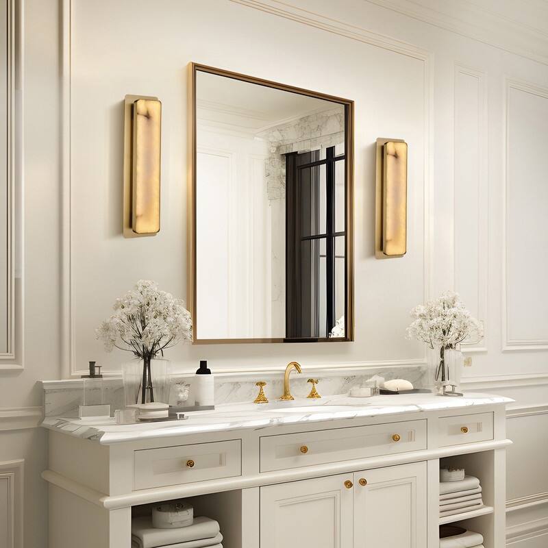 KAYLA 1-Light Gold LED Wall Sconce, Natural Alabaster Wall Sconce, Rectangular Bedside Wall Lighting (Set of 2)
