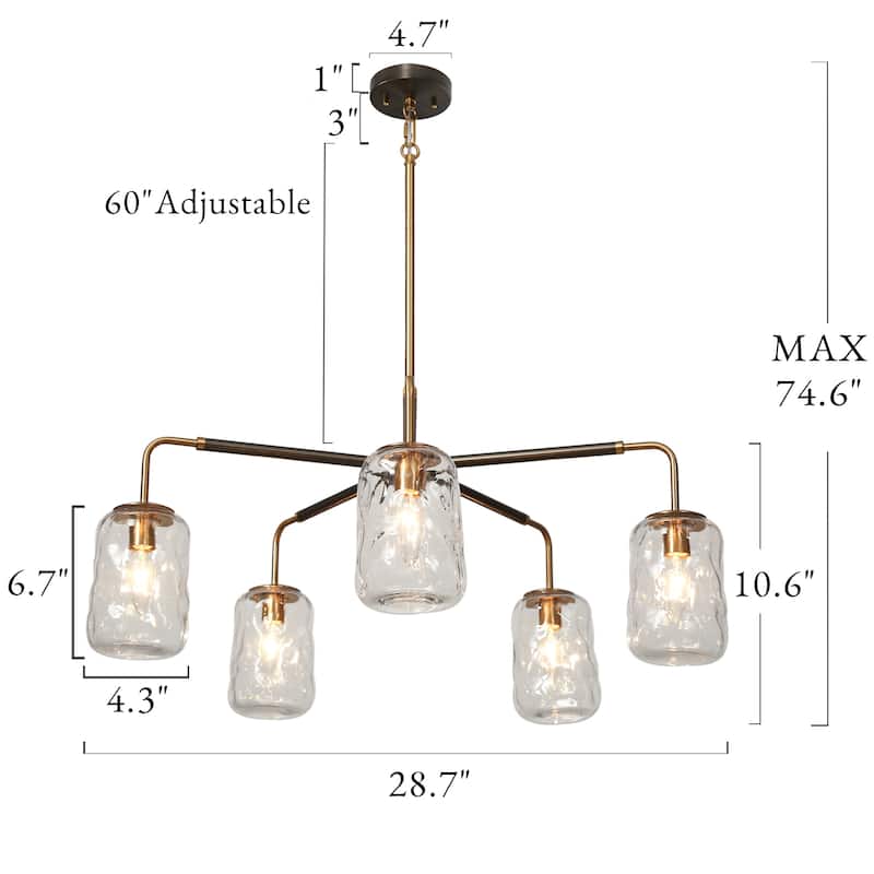 Mid-Century Modern 5-Light Wheel Chandelier Black Gold Glass Lights for Dining Living Room - D 28.7" x H 74.6"Max