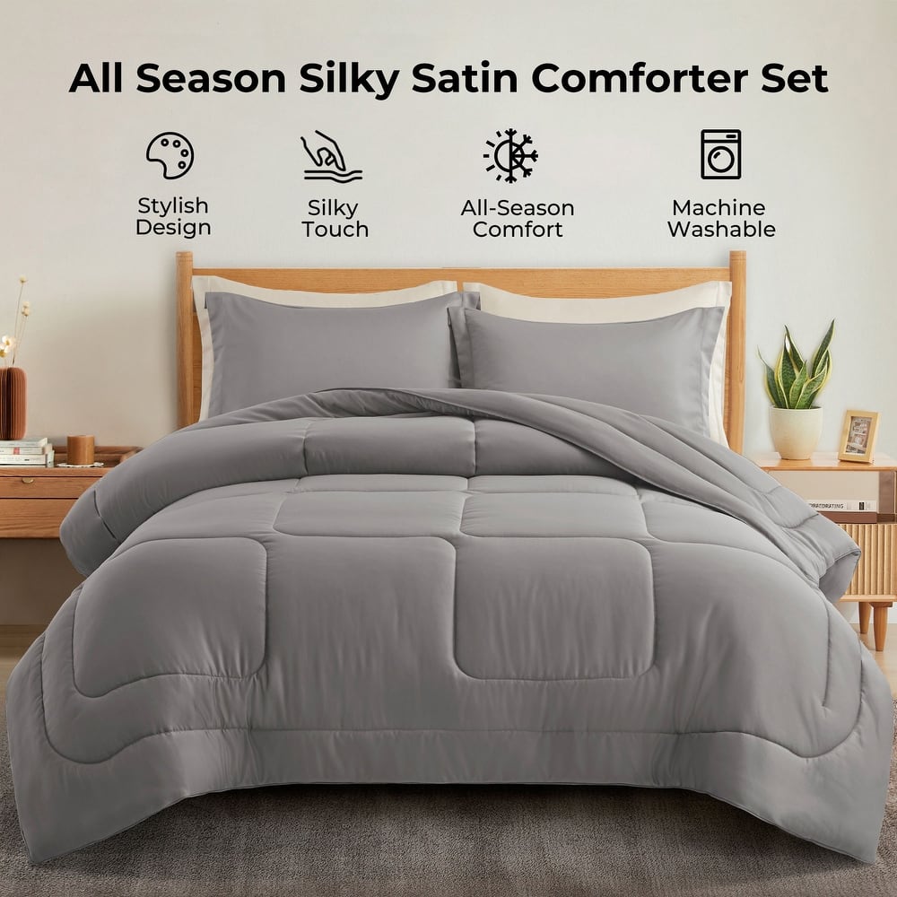 3 Piece All Season Silky Soft Satin Reversible Comforter Set