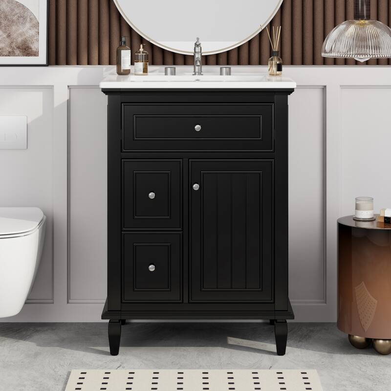 24" Bathroom Vanity with Sink, Bathroom Vanity Cabinet with One Flip Drawer and Two Drawers, Adjustable Shelf