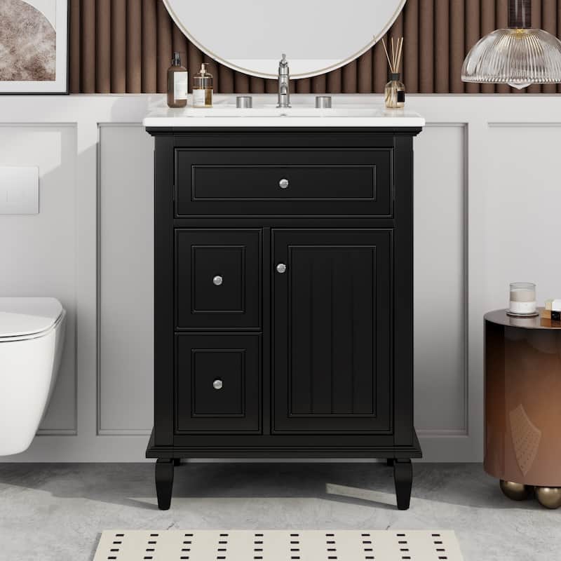 GDFStudio - Sophia 24-Inch Bathroom Vanity with Ceramic Sink, Flip Drawer and Adjustable Storage