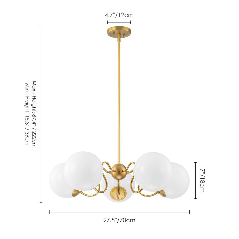 5-Light Mid-Century Modern Gold Sputnik Opal Glass Globe Bubble Chandelier for Dining Room - 27.5 in. W x 87.4 in. H