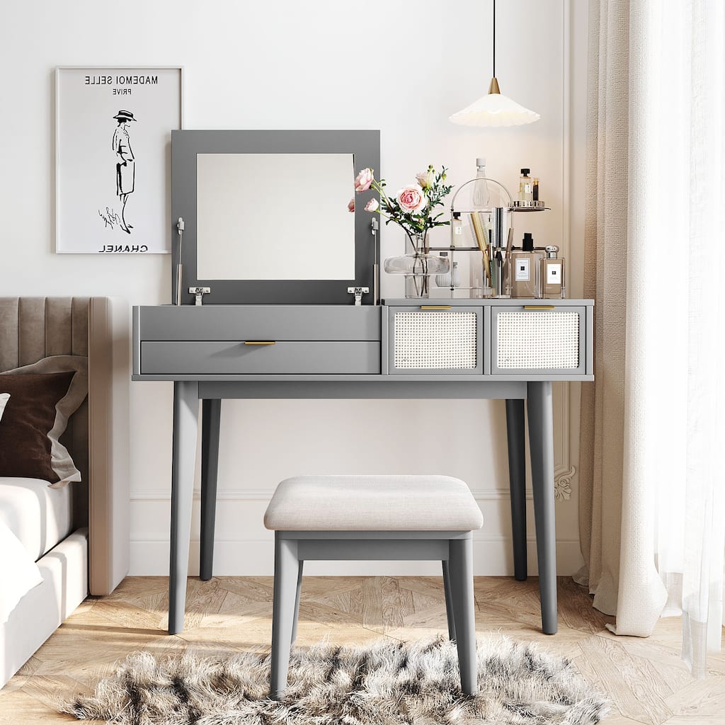 43.3" Classic Wood Makeup Vanity Set with Flip-top Mirror and Stool, Dressing Table with Three Drawers and storage space