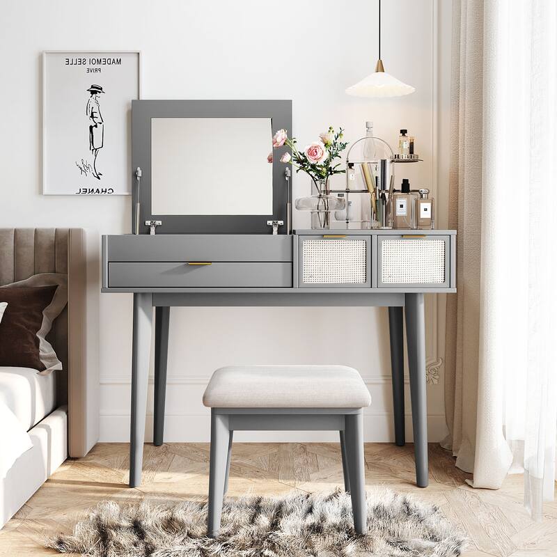 43.3" Classic Wood Makeup Vanity Set with Flip-top Mirror and Stool
