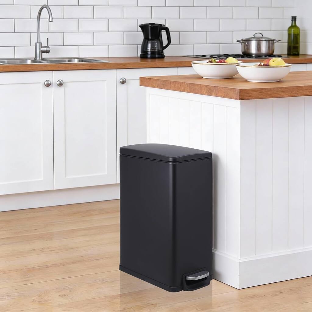 12-Gallon Slim Stainless Steel Step Trash Can with Soft-Close Lid and Removable Bucket Black