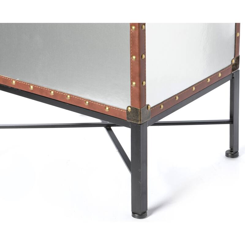 Trimmed Faux Leather Lockable Square Lined Storage Trunk, End Table on Metal Stand