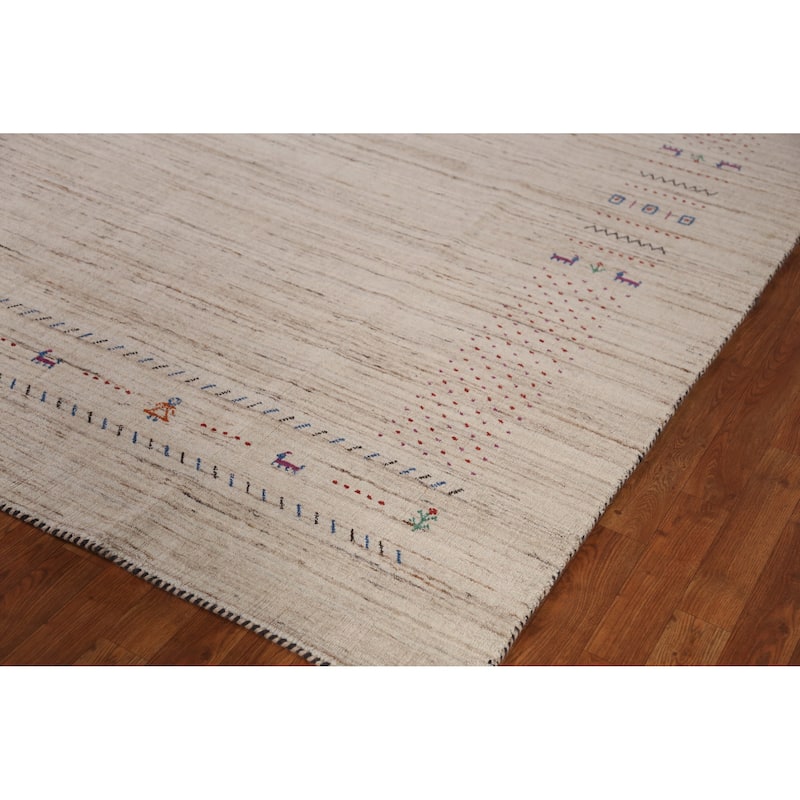 Tribal Gabbeh Indian Area Rug Hand-Knotted Oriental Beige Wool Carpet - 8'2" x 9'9"
