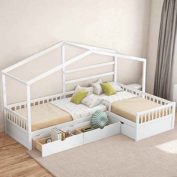 slide 2 of 21, Twin Size House Platform Kids Bed Frame with Three Storage Drawers, White White