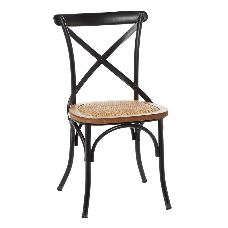 Metal Dining Chair with Brown Rattan Seat with or without Curved Details - Set of 2 Black or White - Roche River Decor - Black