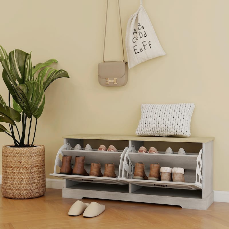 Shoe Storage Bench with 2 Flip Drawers and Adjustable Shelf