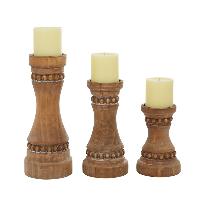 Wood Beaded Pillar Candle Holder - Set of 3 Brown - Roche River Decor - Brown