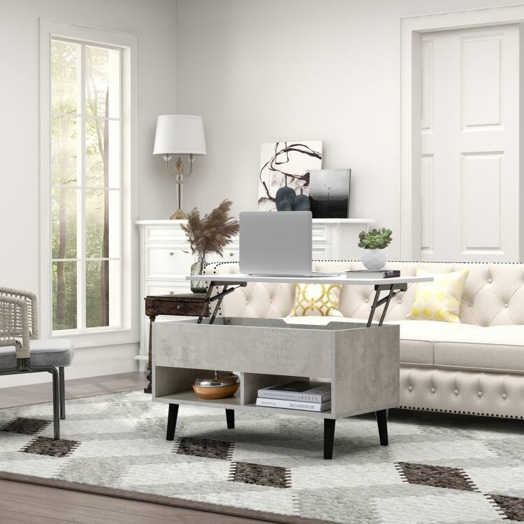 31.5 Inch Lift Top Coffee Table with Hidden Compartment and 2 Storage Shelves - 31.5" x 15.5" x 17.5" (L x W x H)