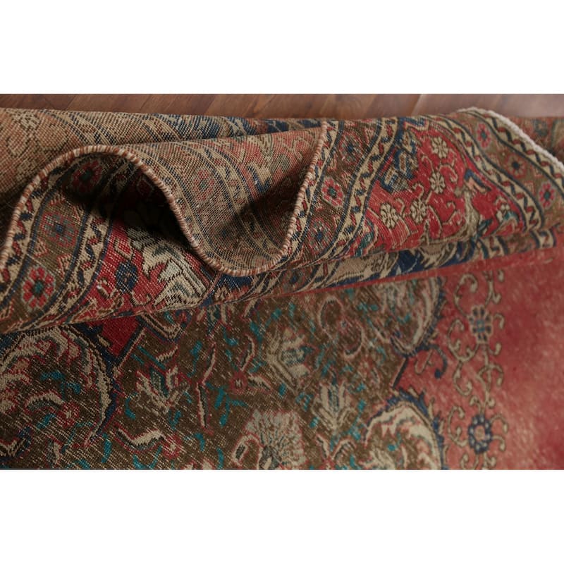 Distressed Tabriz Persian Vintage Rug Hand-Knotted Wool Carpet - 9'6"x 12'10"