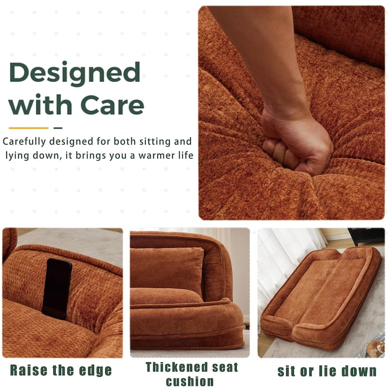 Pet Friendly Lazy Loveseat Sofa 2-in-1 Chenille Floor Couch Double Human Sleeper Bed with 5 Adjustable Position, Plump Pillows