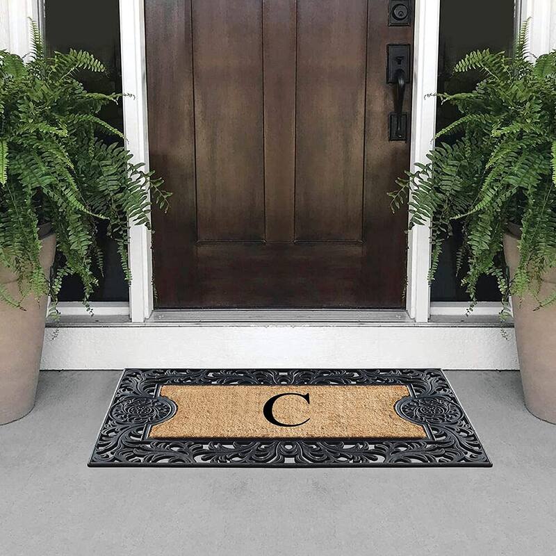 A1HC Floral Border Rubber and Coir Large Outdoor Durable Monogrammed Doormat, Black - 23" X 38"