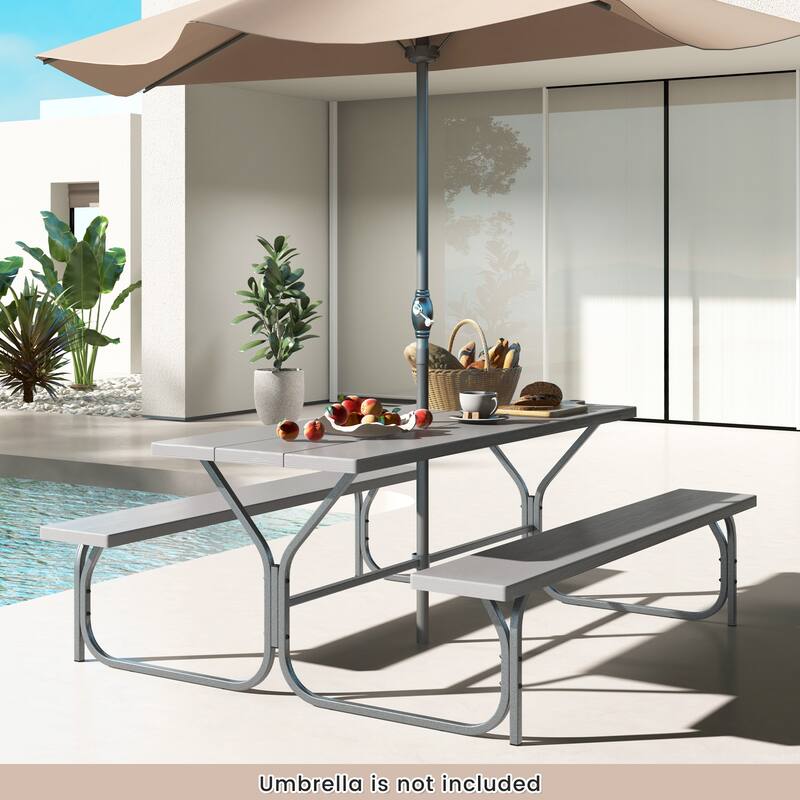 72 Inch 8-Person Outdoor Picnic Table and Bench Set with HDPE Wood-Texture Top and with Built-in Umbrella Hole