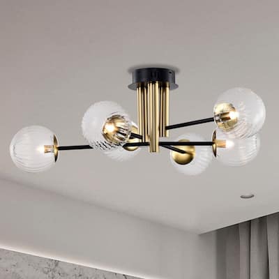Atlas 32 Inch Globe Clear Glass Semi Flush Mount 6 Light - N/A