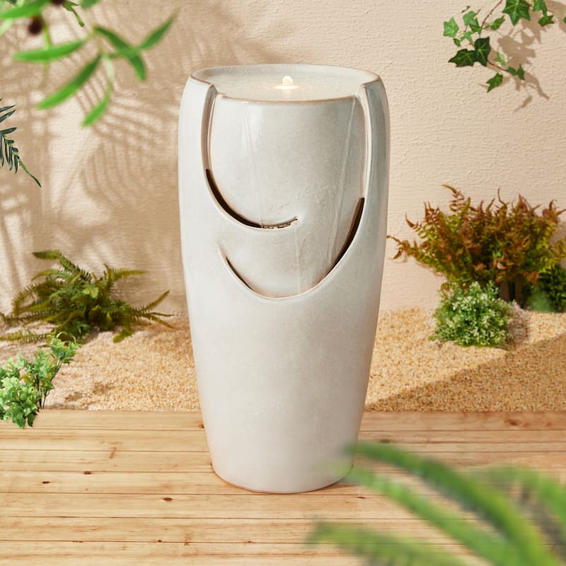 Glitzhome Oversized LED Lighted Ceramic Pot Floor Fountains for Outdoor Garden