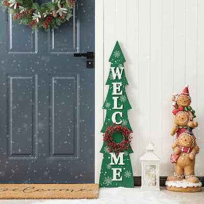 Glitzhome 42"H Christmas Wooden "WELCOME" Porch Sign with Wreath - Green - 42"