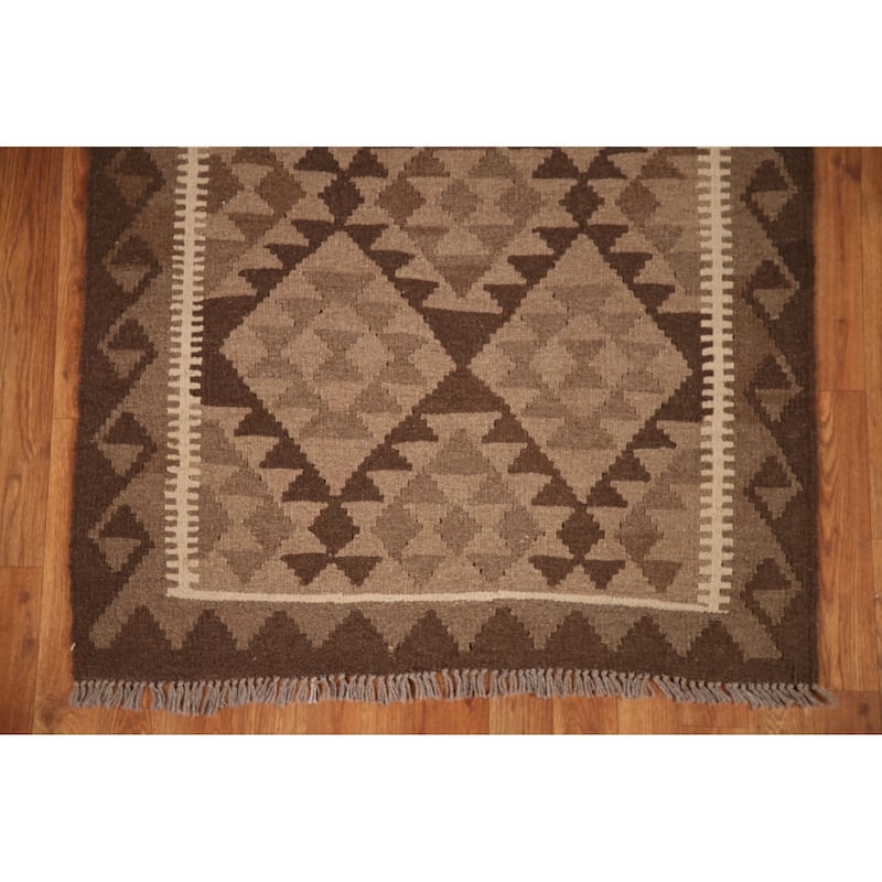 Brown Reversible Kilim Area Rug Hand-woven Wool Carpet - 3'2" x 4'9"