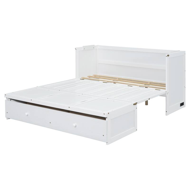 Queen Size Murphy Bed with USB Port and Large Drawer, Space-Saving Design, No Box Spring Needed, Espresso Finish