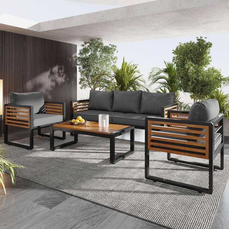 5-Person Outdoor Conversation Set with Removable Cushions and Stylish Metal Frame and Acacia Wood