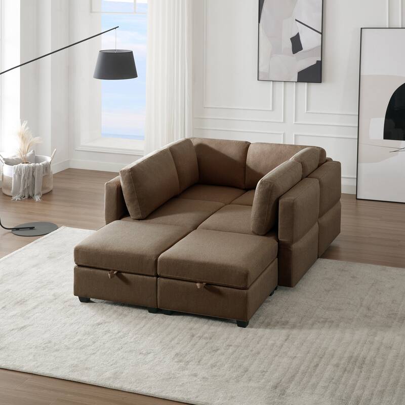 Modern Modular 6 Seat Upholstered Sectional Sofa with Storage, Adjustable Arm, Brown